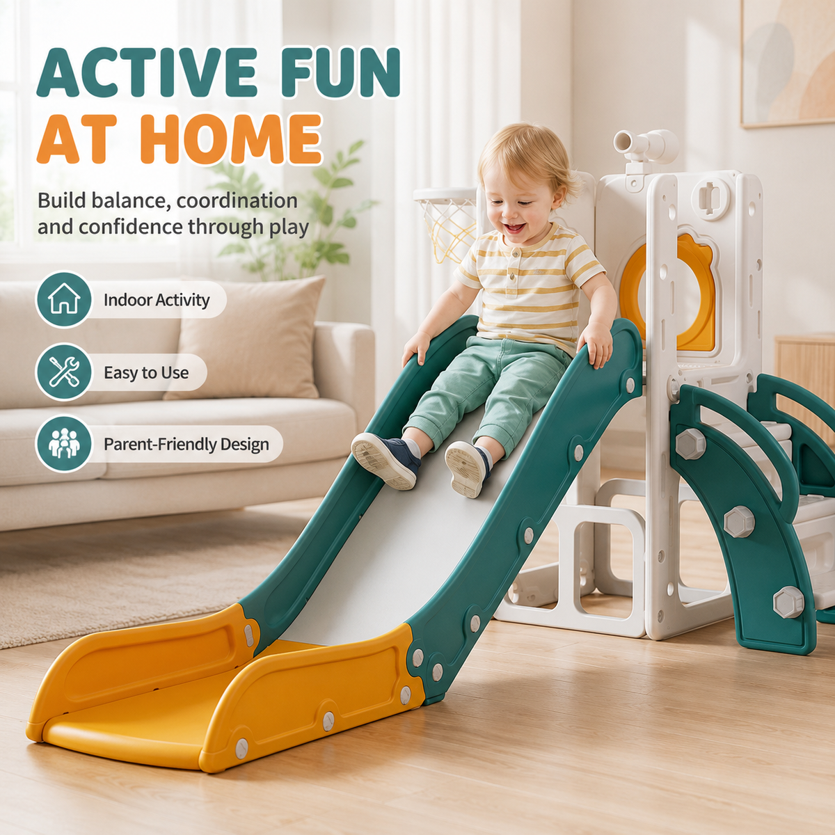 6-in-1 Toddler Slide Playset with Basketball Hoop – Indoor Outdoor Toy