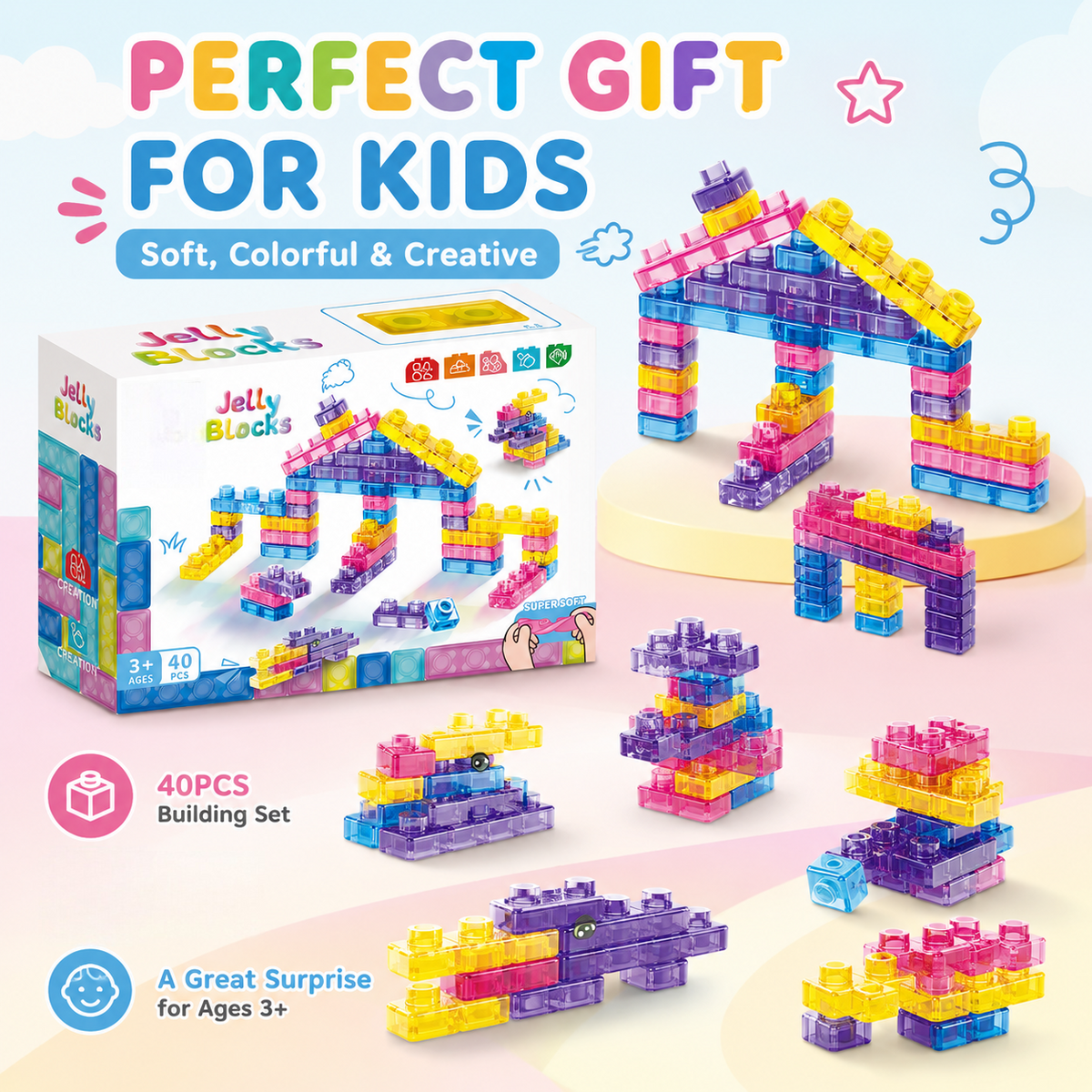 40-Piece Sensory Soft Building Blocks Montessori Stacking Toy for Toddlers
